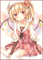 Rule 34 | 1girl, adapted costume, arm warmers, bad id, bad pixiv id, blonde hair, collarbone, colored pencil (medium), dress, flandre scarlet, flower, hat, hat flower, long hair, marker (medium), potto, potto (minntochan), puffy sleeves, red dress, red eyes, sample watermark, side ponytail, sitting, solo, thighhighs, touhou, traditional media, watermark, white hat, white thighhighs, wings