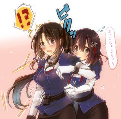Rule 34 | ^^^, 10s, 2girls, brown eyes, brown hair, elbow gloves, flying sweatdrops, gloves, haguro (kancolle), hair ornament, kantai collection, long hair, multiple girls, nachi (kancolle), open mouth, personification, ponytail, serino itsuki, skirt, translation request, white s