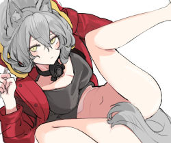 Rule 34 | 1girl, animal ear fluff, animal ears, arknights, black shirt, blush, bottomless, breasts, commentary, covering crotch, covering privates, grey hair, hair between eyes, hjl (15623862639), jacket, large breasts, long hair, looking at viewer, mask, mask around neck, navel, open clothes, open jacket, projekt red (arknights), red jacket, shirt, simple background, solo, spread legs, tail, tail censor, white background, wolf ears, wolf girl, wolf tail, yellow eyes