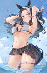 Rule 34 | 1girl, animal ears, armpits, arms up, bare shoulders, bikini, black bikini, black bikini bottom, black hair, black skirt, blue sky, blush, breasts, cloud, cloudy sky, commentary request, cross-laced bikini, cross-laced clothes, ear ornament, falling petals, highres, horse ears, horse girl, horse tail, kita (kitairoha), large breasts, long hair, looking at viewer, medium breasts, mejiro ramonu (umamusume), multicolored hair, navel, outdoors, parted bangs, petals, purple eyes, signature, skirt, sky, solo, stomach, streaked hair, swimsuit, tail, thick thighs, thigh strap, thighs, two-tone hair, umamusume, wading, white bikini, white hair
