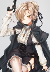 Rule 34 | 1girl, azur lane, belt, belt pouch, black cloak, black ribbon, blush, braid, breasts, chain, cloak, closed mouth, collar, crossed legs, dress, french braid, frilled dress, frills, garter straps, grey background, gun, hair over one eye, hair ribbon, hand up, handgun, highres, holding, holding gun, holding weapon, leg belt, long sleeves, looking at viewer, maid, parted bangs, pouch, ribbon, sheffield (azur lane), sheffield (cloak and dagger) (azur lane), sidelocks, silver hair, simple background, sitting, small breasts, solo, thighhighs, trigger discipline, weapon, white thighhighs, yellow eyes, yu ni t
