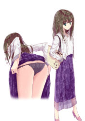 Rule 34 | 1girl, aramachi, ass, bent over, black panties, blue skirt, brown hair, butt crack, clothes lift, full body, green eyes, high heels, highres, idolmaster, idolmaster cinderella girls, idolmaster cinderella girls starlight stage, jacket, long hair, long skirt, open clothes, open jacket, panties, parted lips, pink footwear, see-through, shibuya rin, shirt, shoes, simple background, skirt, skirt lift, solo, standing, underwear, undressing, white background, white jacket, white shirt