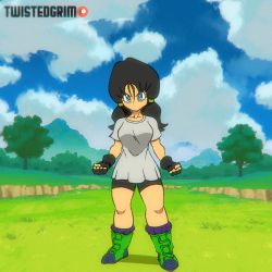 Rule 34 | 1girl, animated, bike shorts, black gloves, blue eyes, blue sky, boots, cloud, collarbone, day, dragon ball, dragonball z, fingerless gloves, floating, gloves, grass, huge filesize, looking at viewer, low twintails, navel, purple sports bra, serious, shirt, sky, solo, sports bra, stomach, tree, twintails, twistedgrim, v-shaped eyebrows, videl, white shirt, wind, wind lift