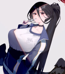Rule 34 | 1girl, absurdres, amana (pocketkey), black hair, black wings, blue archive, blush, breasts, gym uniform, halo, hasumi (blue archive), hasumi (track) (blue archive), highres, large breasts, pen, ponytail, shirt, simple background, solo, t-shirt, upper body, white background, white shirt, wings