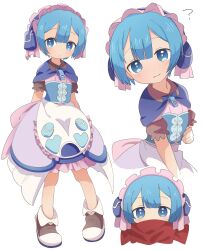Rule 34 | 1boy, ?, androgynous, apron, arms behind back, blue capelet, blue corset, blue dress, blue eyes, blue hair, blush, brown footwear, capelet, closed mouth, corset, covering own mouth, dress, frilled apron, frills, highres, looking at viewer, made in abyss, maid, maid apron, maid headdress, male focus, maruruk, multiple views, red scarf, scarf, short sleeves, simple background, smile, solo, uis0, whistle, whistle around neck, white apron, white background, yellow eyes