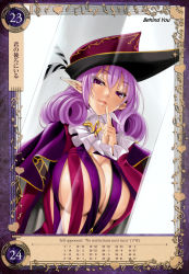Rule 34 | 1girl, breasts, cape, cle masahiro, cleavage, covered erect nipples, curly hair, despina (queen&#039;s blade), female focus, finger to mouth, hat, highres, large breasts, long hair, long sleeves, looking at viewer, non-web source, open mouth, pointy ears, purple eyes, purple hair, queen&#039;s blade, queen&#039;s blade grimoire, reflection, simple background, smile, solo, white background