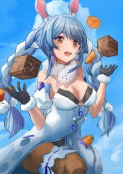 Rule 34 | 1girl, animal ear fluff, animal ears, arm cuffs, black gloves, black leotard, black pantyhose, blue hair, blue sky, braid, breasts, carrot hair ornament, cherre, cleavage, cloud, cloudy sky, coat, commentary, cowboy shot, day, don-chan (usada pekora), food-themed hair ornament, fur-trimmed gloves, fur scarf, fur trim, gloves, hair between eyes, hair ornament, hair ribbon, highres, hololive, leotard, light blue hair, long hair, looking at viewer, medium breasts, minecraft, multicolored hair, off-shoulder coat, off shoulder, open mouth, orange eyes, outdoors, pantyhose, rabbit ears, rabbit girl, ribbon, sky, solo, thick eyebrows, thigh strap, tress ribbon, twin braids, twintails, two-tone hair, usada pekora, usada pekora (1st costume), virtual youtuber, white coat, white hair