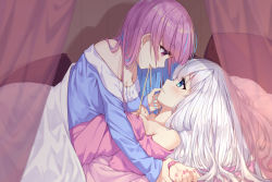Rule 34 | 2girls, absurdres, bare shoulders, blue dress, blue eyes, blue hair, blue nails, blush, breasts, cleavage, collarbone, commentary request, crossover, curtains, detached sleeves, dress, eye contact, fingernails, girl on top, hair between eyes, hand on another&#039;s face, highres, holding another&#039;s wrist, hololive, kagura gumi, kagura mea, long hair, long sleeves, looking at another, lying, medium breasts, minato aqua, mouth hold, multicolored hair, multiple girls, nail polish, neps-l, on back, pillow, pink dress, pink hair, pink nails, pink sleeves, profile, purple eyes, sidelocks, silver hair, sleeves past wrists, streaked hair, transparent, under covers, virtual youtuber, yuri