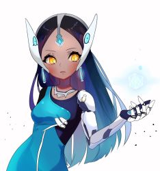 Rule 34 | 1girl, bad id, bad pixiv id, black hair, blue dress, breasts, cowboy shot, cube, cyborg, dark-skinned female, dark skin, dress, earrings, forehead jewel, headgear, highres, hologram, hyssopu, jewelry, long hair, looking at viewer, mechanical arms, necklace, overwatch, overwatch 1, simple background, single mechanical arm, solo, symmetra (overwatch), visor, white background, yellow eyes