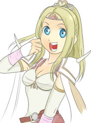 Rule 34 | 1990s (style), 1girl, belt, blonde hair, blue eyes, breasts, cape, detached sleeves, female focus, final fantasy, final fantasy iv, hair ornament, leotard, long hair, lowres, okurapuchi, open mouth, ponytail, rosa farrell, shoulder pads, solo, tiara, white background