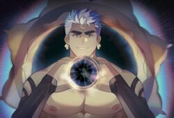 Rule 34 | 1boy, arm tattoo, bara, crave saga, earrings, glowing, highres, holding, jewelry, large pectorals, male focus, muscular, muscular male, nipple piercing, nipples, orexiscluster, pectorals, piercing, portal (object), short hair, smile, solo, sudarshana (crave saga), tattoo, thick eyebrows, topless male, white hair