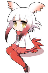 Rule 34 | 10s, blunt bangs, chibi, gloves, head wings, japanese crested ibis (kemono friends), kemono friends, long sleeves, looking at viewer, multicolored hair, open mouth, osaragi mitama, pantyhose, red hair, red pantyhose, simple background, skirt, solo, tail, two-tone hair, white background, white hair, wings, yellow eyes