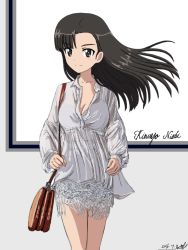 Rule 34 | 1girl, artist name, asymmetrical bangs, bag, breasts, brown eyes, brown hair, bukkuri, carrying, casual, character name, cleavage, commentary request, cowboy shot, cursive, dated, dress, english text, girls und panzer, handbag, light smile, long hair, looking at viewer, medium breasts, nishi kinuyo, revision, signature, sketch, solo, standing, unbuttoned, white dress, wind