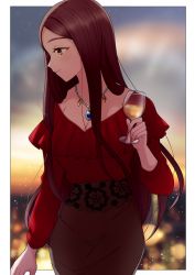 Rule 34 | 1girl, alcohol, arm up, blurry, blurry background, blush, breasts, brown hair, cleavage, cowboy shot, cup, frilled shirt, frills, glint, hiiragi shino, holding, holding cup, ich., idolmaster, idolmaster cinderella girls, jewelry, lace, lace-trimmed skirt, lace trim, lens flare, long hair, looking away, looking to the side, necklace, off-shoulder shirt, off shoulder, outside border, parted bangs, photo background, profile, red shirt, shirt, skirt, smile, solo