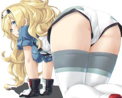 Rule 34 | 1girl, all fours, ass, black gloves, blonde hair, blue eyes, blue shirt, blush, grabbing another&#039;s breast, breast pocket, breasts, cameltoe, commentary request, dd (ijigendd), eyes visible through hair, from behind, gambier bay (kancolle), gloves, grabbing, grey thighhighs, hairband, hanging breasts, kantai collection, long hair, looking at viewer, looking back, open mouth, pocket, cameltoe, raised eyebrows, shadow, shirt, short sleeves, shorts, simple background, solo, thighhighs, thighs, twintails, white background, white gloves, white thighhighs