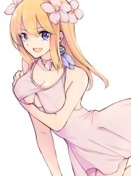 Rule 34 | 1girl, arm under breasts, blonde hair, blue eyes, breasts, choker, cleavage cutout, clothing cutout, dr. stone, dress, dutch angle, earrings, feather earrings, feathers, flower, hair flower, hair ornament, jewelry, kohaku (dr. stone), large breasts, long hair, maru (pixiv51714255), pink choker, pink dress, ribbon choker, solo, white background