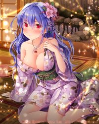 Rule 34 | 1girl, blush, breasts, cleavage, falkyrie no monshou, flower, hair flower, hair ornament, japanese clothes, jewelry, kimono, large breasts, light purple hair, long hair, looking at viewer, natsumekinoko, necklace, official art, purple kimono, red eyes, sitting, sliding doors, smile, solo, yukata