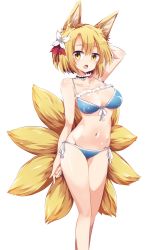 Rule 34 | 1girl, animal ears, arm at side, arm up, bare arms, bare legs, bare shoulders, bikini, blonde hair, blue bikini, breasts, cleavage, collar, flower, fox ears, fox tail, front-tie bikini top, front-tie top, groin, hair flower, hair ornament, highres, looking at viewer, maturiuta sorato, medium breasts, multiple tails, navel, open mouth, shiny skin, side-tie bikini bottom, simple background, solo, standing, stomach, swimsuit, tail, touhou, white background, white flower, yakumo ran, yellow eyes