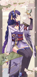Rule 34 | 1girl, absurdres, armor, bird, black thighhighs, braid, breasts, cleavage, commentary request, feet out of frame, genshin impact, hair ornament, highres, itsumiruka, japanese clothes, kimono, long braid, long hair, medium breasts, obi, off shoulder, purple eyes, purple hair, purple kimono, raiden shogun, red sash, sash, shoulder armor, sitting, solo, thighhighs, very long hair