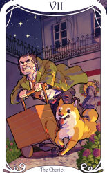 1boy ace_attorney ace_attorney_investigations ace_attorney_investigations:_miles_edgeworth bandaid bandaid_on_face beard_stubble black_pants brown_hair card_(medium) clenched_teeth coat collared_shirt dick_gumshoe dog facial_hair flower green_coat male_focus missile_(ace_attorney) necktie night night_sky open_clothes open_coat orange_necktie outdoors pants pencil_behind_ear running saginoko shirt sky solo star_(sky) statue stubble tarot tarot_(medium) teeth the_chariot_(tarot) thick_eyebrows white_shirt window