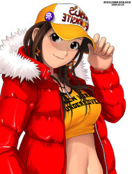 Rule 34 | brown eyes, brown hair, clothes writing, coat, dated, hat, jewelry, midriff, necklace, padded coat, ryu (ryu&#039;s form site), simple background, solo, tagme, white background