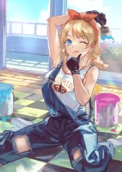 Rule 34 | 1girl, arm behind head, armpit crease, armpits, asymmetrical bangs, balcony, blonde hair, blue eyes, bow hairband, braid, braided ponytail, breasts, cleavage, clothes writing, day, english text, hachimiya meguru, hairband, highres, holding, holding paintbrush, idolmaster, idolmaster shiny colors, large breasts, light particles, light rays, looking at viewer, medium hair, one eye closed, orange hairband, otsudou, overalls, paint can, paint splatter, paintbrush, plant, potted plant, railing, sitting, sliding doors, socks, solo, strap slip, sunbeam, sunlight, tank top, thumbs up, tile floor, tiles, tongue, tongue out, torn clothes, torn overalls, wariza, white socks