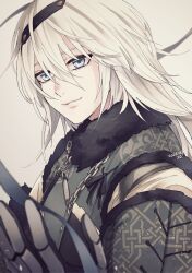 Rule 34 | 1boy, blue eyes, chain, closed mouth, coat, commentary request, fur-trimmed coat, fur trim, hair between eyes, highres, long hair, looking at viewer, male focus, malt 40, nier, nier (brother), nier (series), simple background, smile, solo, upper body, white background, white hair