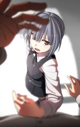 Rule 34 | 10s, 1girl, admiral (kancolle), bad id, bad nicoseiga id, blouse, blurry, brown eyes, buttons, commentary request, depth of field, dress, grey hair, hair ornament, kantai collection, kasumi (kancolle), kinosuke (sositeimanoga), long hair, looking at viewer, open mouth, pinafore dress, ponytail, pov, remodel (kantai collection), school uniform, serafuku, shirt, side ponytail, skirt, sleeveless, sleeveless dress, solo focus, suspenders, teeth, uniform, white shirt