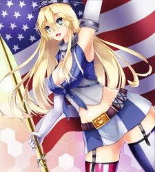 Rule 34 | 10s, 1girl, american flag, american flag legwear, armpits, blonde hair, blue eyes, breasts, cleavage, collar, curvy, flag, garter straps, headgear, iowa (kancolle), kantai collection, large breasts, long hair, midriff, miniskirt, navel, open mouth, skirt, smile, solo, star-shaped pupils, star (symbol), symbol-shaped pupils, thighhighs, wasd, wasd (mild1020), wide hips, zettai ryouiki