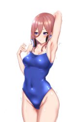 Rule 34 | 1girl, absurdres, armpits, arms up, bad id, bad pixiv id, blue eyes, blue one-piece swimsuit, breasts, brown hair, cleavage, commentary request, competition school swimsuit, covered navel, cowboy shot, go-toubun no hanayome, headphones, headphones around neck, highres, hong jo, korean commentary, long hair, looking at viewer, medium breasts, nakano miku, one-piece swimsuit, school swimsuit, simple background, solo, swimsuit, white background