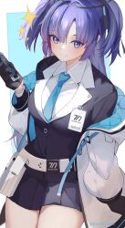 Rule 34 | 1girl, belt, black gloves, black jacket, black skirt, blue archive, blue background, blue eyes, blue necktie, breasts, cellphone, closed mouth, cowboy shot, gloves, headgear, highres, holding, holding phone, id card, jacket, kurenai no hikou-tei, large breasts, long hair, long sleeves, looking at viewer, necktie, off shoulder, phone, pleated skirt, purple hair, school uniform, shirt, skirt, smartphone, smile, solo, sparkle, thighs, twitter username, two-tone background, two side up, white background, white belt, white jacket, white shirt, yuuka (blue archive)