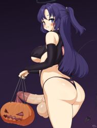 Rule 34 | 1futa, ass, back cutout, black panties, blue archive, blue eyes, blush stickers, breasts, bucket, closed mouth, clothing cutout, condom, condom on penis, cowboy shot, erection, fake tail, fangs, fangs out, futanari, gradient background, halloween, halloween bucket, halloween costume, halo, highres, holding, holding bucket, huge testicles, large breasts, large penis, long hair, looking back, nnilaee, panties, parted bangs, penis, purple background, purple hair, solo, tail, testicles, uncensored, underwear, used condom, used condom on penis, yuuka (blue archive)