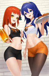 Rule 34 | 2girls, abs, absurdres, aqua eyeshadow, bare shoulders, beer mug, blue eyes, blue hair, brick wall, chicken (food), chicken wing, commission, commissioner upload, cup, dhokidoki, eyeliner, eyeshadow, facial mark, fire emblem, fire emblem awakening, fire emblem engage, food, hair between eyes, highres, holding, holding cup, holding plate, hooters, lucina (fire emblem), makeup, midriff, mismatched pupils, mug, multiple girls, navel, nintendo, non-web source, open mouth, orange hair, panette (fire emblem), plate, red eyeliner, short bangs, short shorts, shorts, stitched mouth, stitches, tiara, toned, yellow eyes