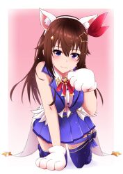 Rule 34 | 1girl, animal ear fluff, animal ears, animal hands, blue eyes, blue thighhighs, blue vest, blush, breasts, brown hair, cat hair ornament, cat paws, cropped shirt, cropped vest, detached hair, diamond hair ornament, fold-over boots, gloves, hair flaps, hair ornament, hairclip, highres, hololive, kemonomimi mode, kneeling, leg ribbon, long hair, looking at viewer, medium breasts, moezi, navel, paw gloves, paw pose, red ribbon, ribbon, shirt, skirt, sleeveless, sleeveless shirt, smile, solo, star (symbol), star hair ornament, thigh ribbon, thighhighs, tokino sora, tokino sora (1st costume), vest, virtual youtuber, waist cape, white shirt