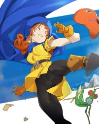 Rule 34 | 1girl, absurdres, alena (dq4), boots, bow, breasts, brown bow, brown footwear, brown gloves, dragon quest, dragon quest iv, dress, earrings, from below, gloves, highres, jewelry, kicking, long hair, looking to the side, medium breasts, orange eyes, orange hair, pantyhose, pretty-purin720, smile, solo, standing, standing on one leg, upskirt, yellow dress
