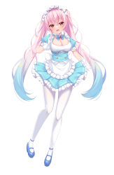 Rule 34 | 1girl, :d, absurdres, apron, aria (koiiroharemoyou), blue dress, blue hair, blue hairband, blush, bow, breasts, cleavage, dress, frilled apron, frilled dress, frilled gloves, frilled hairband, frills, full body, gloves, gradient hair, hair between eyes, hairband, highres, long hair, maid, medium breasts, multicolored hair, open mouth, original, pink hair, pleated dress, puffy short sleeves, puffy sleeves, red bow, red eyes, short sleeves, simple background, smile, solo, standing, standing on one leg, star (symbol), twintails, very long hair, white apron, white background, white gloves