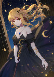 Rule 34 | 1girl, arch, arm at side, arm tattoo, bare shoulders, black dress, blonde hair, blue gemstone, breasts, cleavage, collarbone, crescent moon symbol, dress, dutch angle, expressionless, gem, hair between eyes, hair blowing, hair ornament, highres, jewelry, ji dao ji, light particles, long hair, looking at viewer, medium breasts, night, night sky, original, pendant, puffy short sleeves, puffy sleeves, short sleeves, sky, solo, staff, star (sky), star (symbol), starry sky, strapless, strapless dress, tattoo, wind, wind lift, yellow eyes