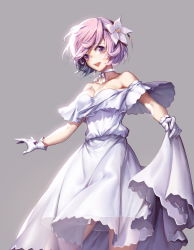 Rule 34 | 1girl, :d, absurdres, breasts, chirlley, choker, cleavage, collarbone, cowboy shot, dress, fate/grand order, fate (series), flower, gloves, grey background, hair flower, hair ornament, highres, looking at viewer, mash kyrielight, mash kyrielight (formal dress), medium breasts, official alternate costume, open mouth, pink eyes, pink hair, ribbon, ribbon choker, short hair, simple background, skirt hold, smile, solo, white dress, white flower, white gloves, white ribbon