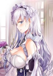Rule 34 | 1girl, azur lane, bare shoulders, belfast (azur lane), blue eyes, blurry, blush, braid, breasts, buttons, candle, candlestand, chain, cleavage, clothes lift, collar, commentary, day, depth of field, dress, dress lift, flower, french braid, frills, gloves, hand on own chest, hands up, highres, indoors, large breasts, long hair, looking at viewer, looking to the side, maid, maid headdress, parted lips, profile, purple flower, revision, saya (mychristian2), silver hair, sleeveless, sleeveless dress, solo, taut clothes, taut dress, upper body, veins, veiny breasts, white gloves, window