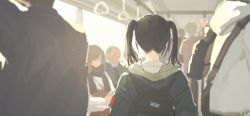 Rule 34 | 1girl, backpack, bag, black hair, black suit, commentary, formal, from behind, glasses, highres, holding, jacket, long hair, original, scarf, shioda (shioda 5), sitting, standing, suit, train interior, twintails