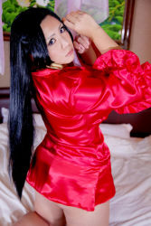 Rule 34 | 1girl, asian, bed, black hair, blue eyes, boa hancock, boa hancock (cosplay), breasts, chouzuki maryou, cosplay, curvy, earrings, female focus, hip focus, jewelry, kneeling, large breasts, long hair, one piece, photo (medium), plump, robe, solo, thick thighs, thighs, wide hips