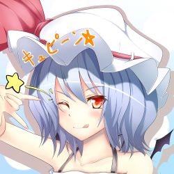 Rule 34 | 1girl, ;p, bad id, bad pixiv id, bat wings, blue hair, bow, collarbone, fami (yellow skies), gradient background, hat, hat bow, looking at viewer, one eye closed, polka dot, polka dot background, portrait, red eyes, remilia scarlet, short hair, smile, solo, tongue, tongue out, touhou, wings, wink