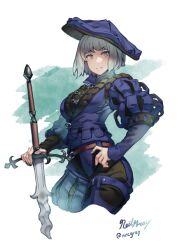 Rule 34 | 1girl, breasts, flamberge, grey eyes, grey hair, hand on own hip, hat, highres, holding, holding sword, holding weapon, landsknecht, looking at viewer, medium breasts, nrcgray, original, renaissance, renaissance clothes, short hair, signature, solo, sword, weapon