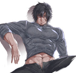 Rule 34 | 1boy, bara, black hair, black pants, blue eyes, clive rosfield, closed mouth, facial hair, final fantasy, final fantasy xvi, grey shirt, highres, large pectorals, looking at viewer, male focus, muscular, muscular male, navel, navel hair, open pants, pants, pectorals, shadow, shirt, short hair, simple background, solo, sweat, white background, zanki