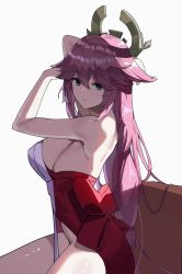 Rule 34 | 1girl, animal ears, arm behind head, arm up, bare arms, bare shoulders, breasts, commentary request, covered erect nipples, cowboy shot, expressionless, fox ears, fox girl, genshin impact, hair between eyes, hair ornament, highres, japanese clothes, large breasts, long hair, looking at viewer, maanu, parted lips, pink hair, purple eyes, shadow, sideboob, simple background, sitting, solo, thighs, white background, yae miko
