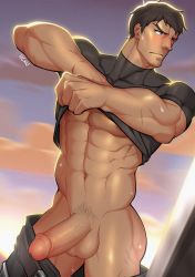 Rule 34 | 1boy, abs, bara, black hair, blush, clothes lift, dark-skinned male, dark skin, dota: dragon&#039;s blood, dota (series), dota 2, dragon knight (dota), erection, facial hair, forked eyebrows, goatee, highres, lifting own clothes, male focus, mature male, muscular, muscular male, navel, nipples, open pants, pants, pectorals, penis, shirt lift, short hair, solo, stomach, stubble, sweat, thighs, uchu (uchuuux), uncensored, undressing