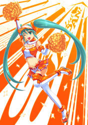 Rule 34 | 1girl, absurdres, anklet, aqua eyes, aqua hair, arm up, boots, bracelet, cheerleader, elbow gloves, gloves, goodsmile company, hatsune miku, highres, jewelry, leg lift, long hair, midriff, navel, one eye closed, open mouth, pom pom (cheerleading), shingo (picturepuzzle), skirt, solo, thigh boots, thighhighs, twintails, very long hair, visor, visor cap, vocaloid, wink