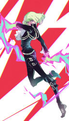 Rule 34 | 1boy, androgynous, belt, black gloves, black jacket, blonde hair, ascot, earrings, fire, full body, gloves, green hair, hair ornament, half gloves, highres, jacket, jewelry, lio fotia, looking at viewer, male focus, promare, purple eyes, shimatani azu, short hair, simple background, solo
