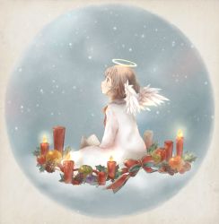 Rule 34 | 1girl, angel, angel wings, apple, blue eyes, book, brown hair, candle, christmas wreath, dress, food, fruit, halo, highres, holly, mirto, open book, original, pinecone, plum, reading, ribbon, short hair, sitting, snowing, solo, striped ribbon, wings, wreath