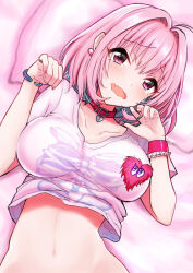 1girl ahoge aonegi artist_name bangle bracelet breasts breasts_apart clothes_lift collar collarbone commentary crying crying_with_eyes_open earrings fang hair_intakes hands_up head_on_pillow heart-shaped_lock idolmaster idolmaster_cinderella_girls jewelry large_breasts looking_at_viewer lying medium_hair multicolored_hair on_back open_mouth pill_earrings pillow pink_collar pink_shirt pink_wristband raised_eyebrows ring shirt shirt_lift short_sleeves skeleton_print skin_fang solo tears two-tone_hair upper_body wavy_mouth yumemi_riamu